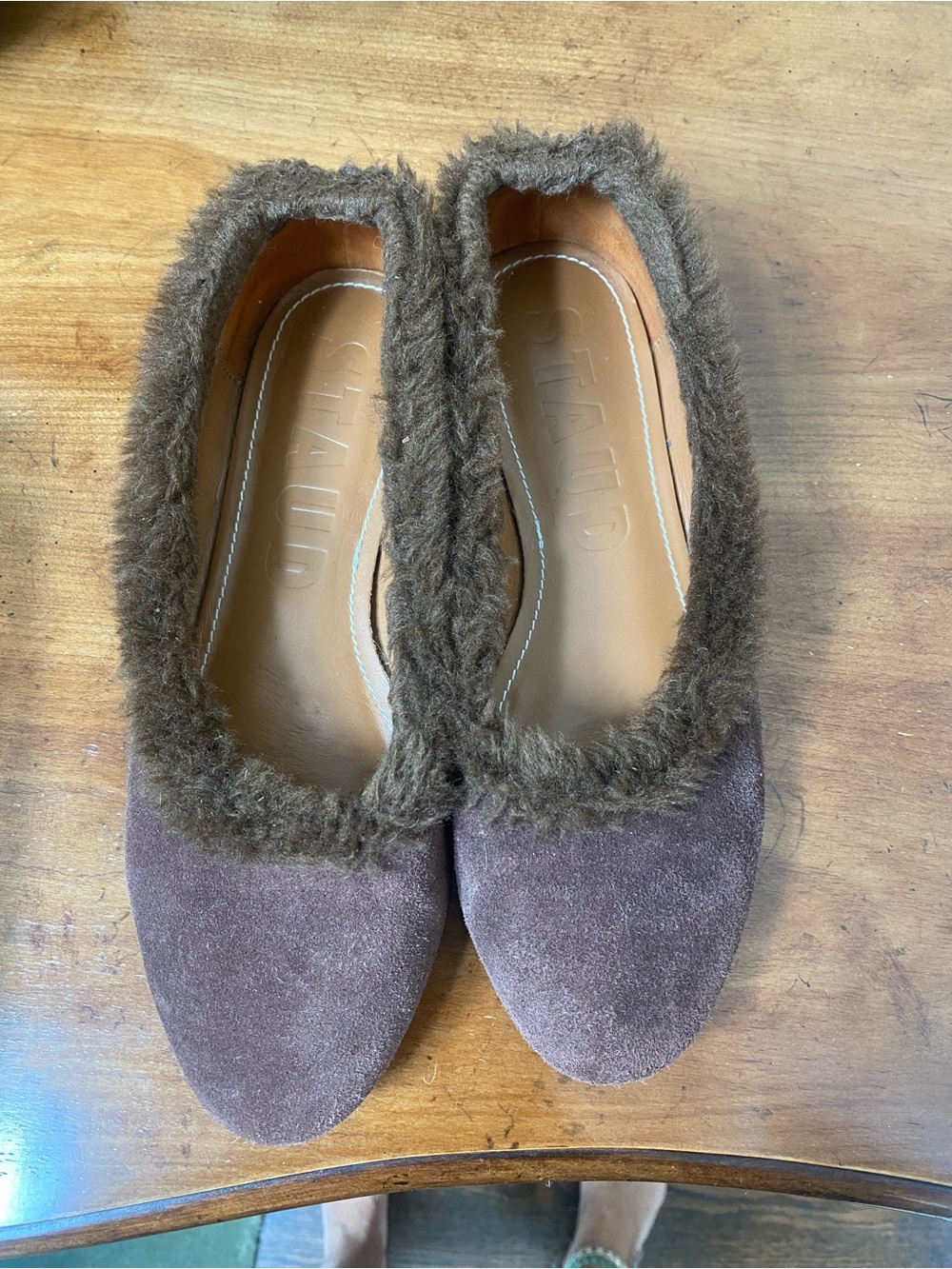 Staud Fur-Trim Brown Suede Ballet Flats